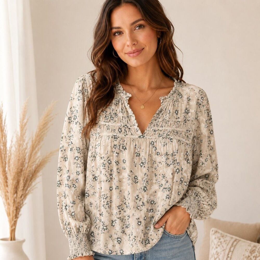 Maurices Large Oatmeal Floral Peasant Top Ruffle V-Neck Long Sleeve 100% Rayon